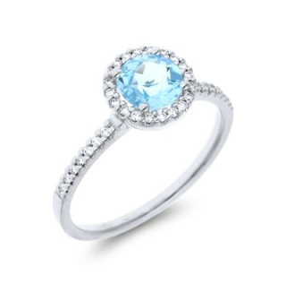 Anillo de Oro Blanco con Diamantes y Aguamarina