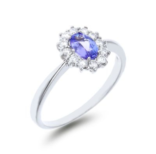 Anillo Oro Blanco con orla de Diamantes y Tanzanita