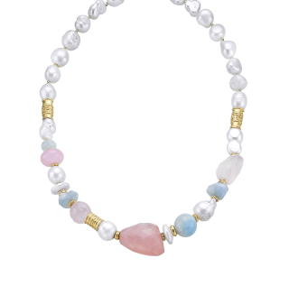 Collar con perla barroca, aguamarina y cuarzo rosa. Edición Limitada